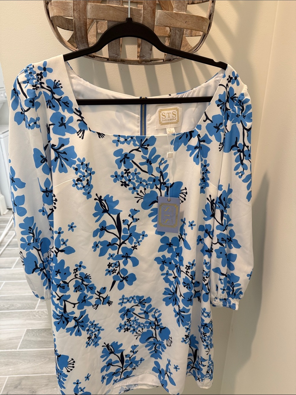 STS White Midi Dress with Blue Floral Print
